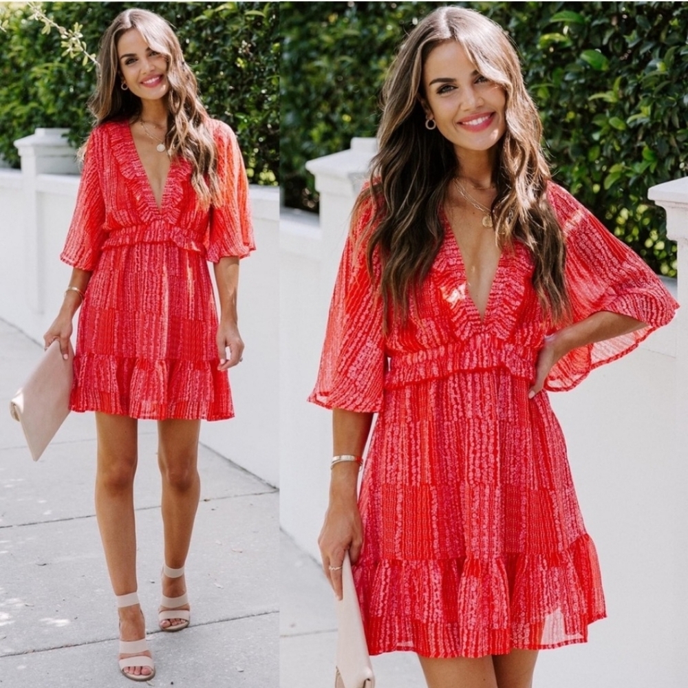 Vici Red Fruitful Floral Shimmer Ruffle Dress Larg